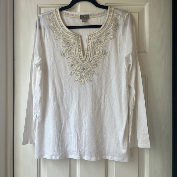 J Jill white embroidered tunic style top long sleeve cotton modal medium petite - Picture 1 of 4